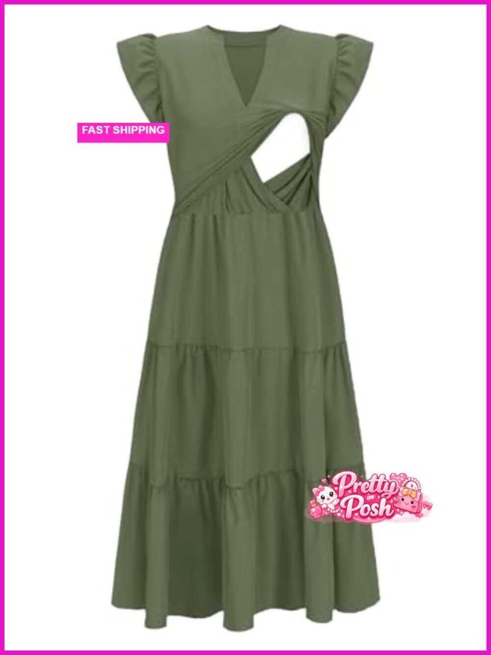 Nursing Midi Dress Sleeveless V Neck Tiered Sundress with Pockets - Picture 2 of 5